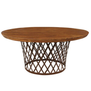 MESA REDONDA DE MADEIRA COM BASE TRELIÇADA